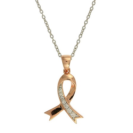 Rose Gold Plated Awareness Ribbon with CZs & chain - Click Image to Close